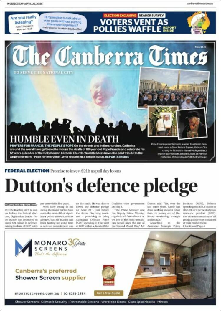 Portada de The Canberra Times (Australia)