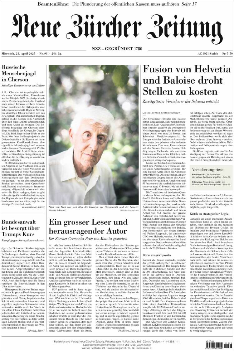 Portada de Neue Zürcher Zeitung (Suiza)