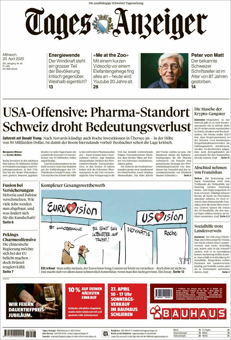 Portada de Tages-Anzeiger (Suiza)