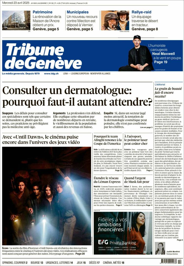 Portada de La Tribune de Genève (Suiza)