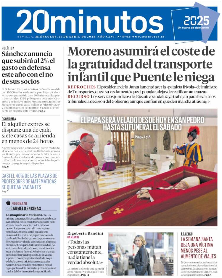 Portada de 20 Minutos - Sevilla (España)