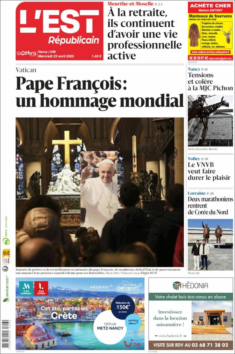 Portada de L'Est Republicain (Francia)