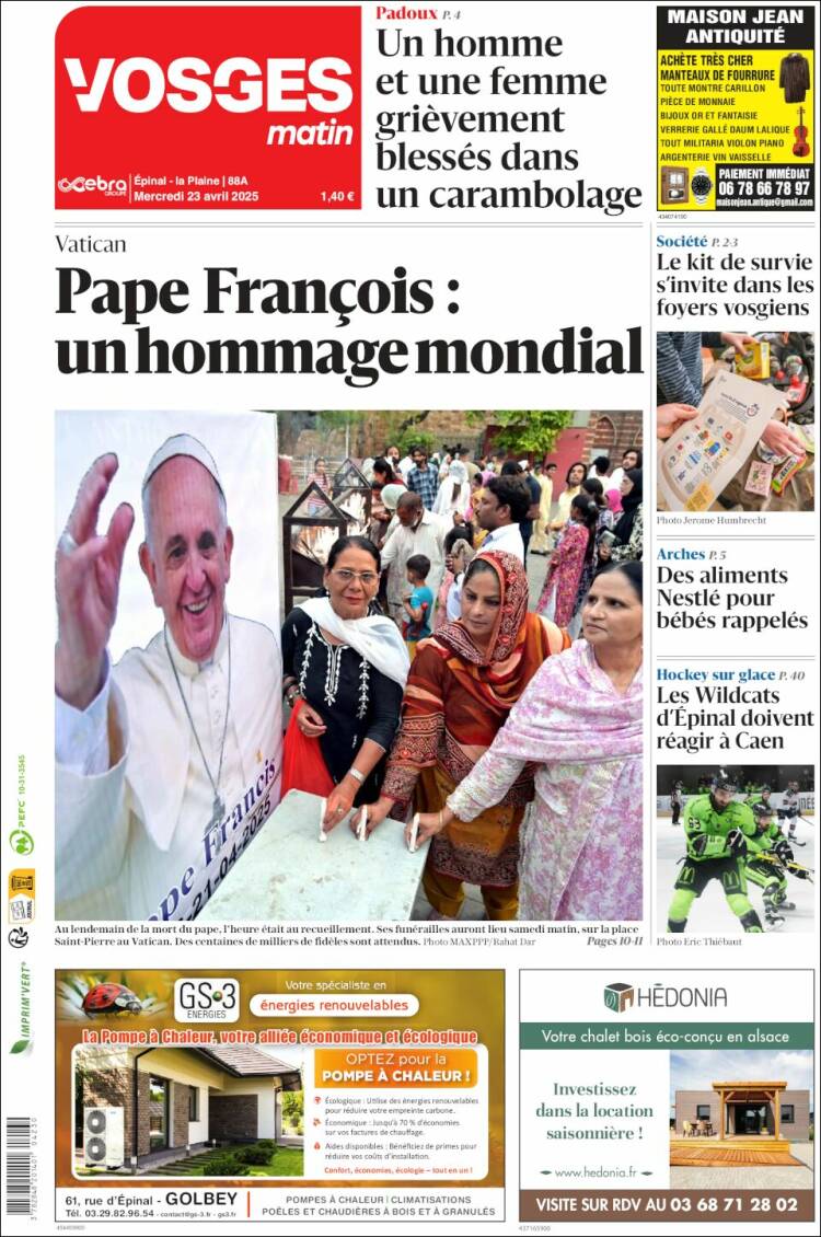 Portada de Vosges Matin (Francia)