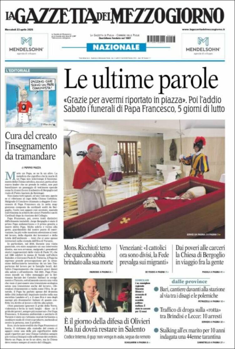 Portada de La Gazzetta del Mezzogiorno (Italia)