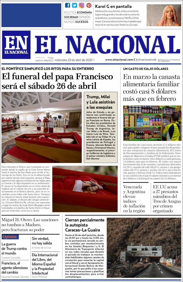 Portada de El Nacional (Venezuela)