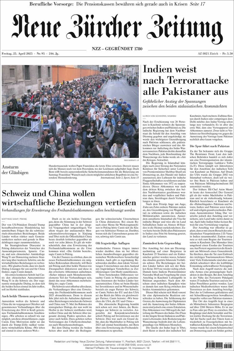 Portada de Neue Zürcher Zeitung (Suiza)