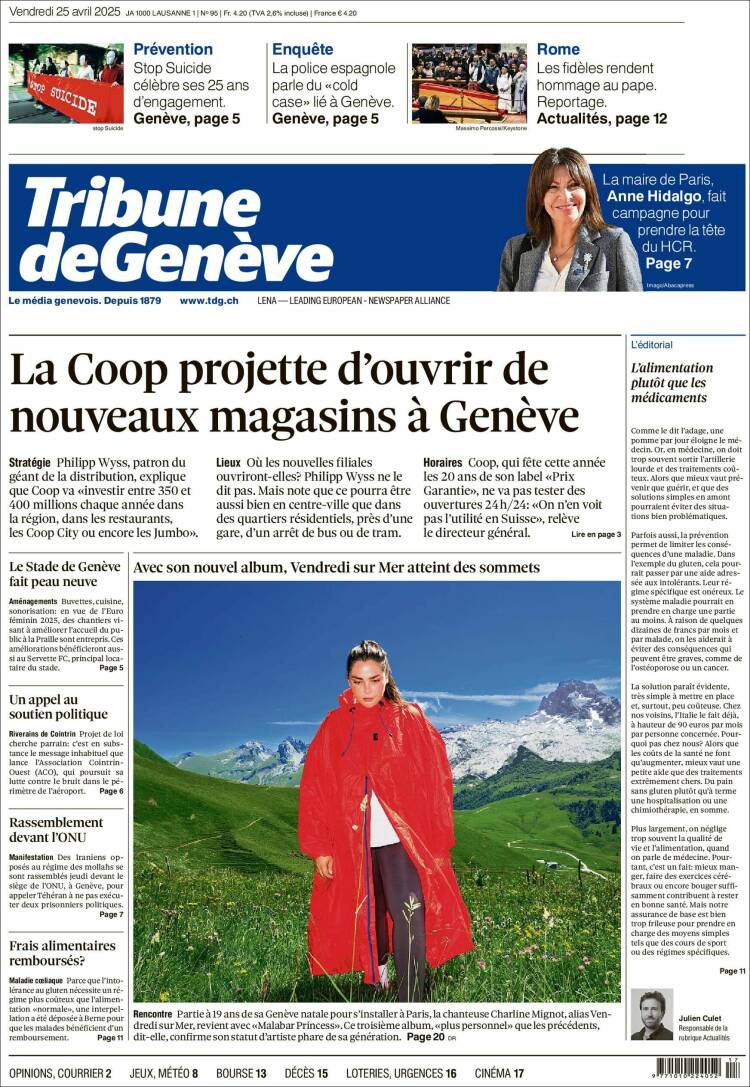 Portada de La Tribune de Genève (Suiza)