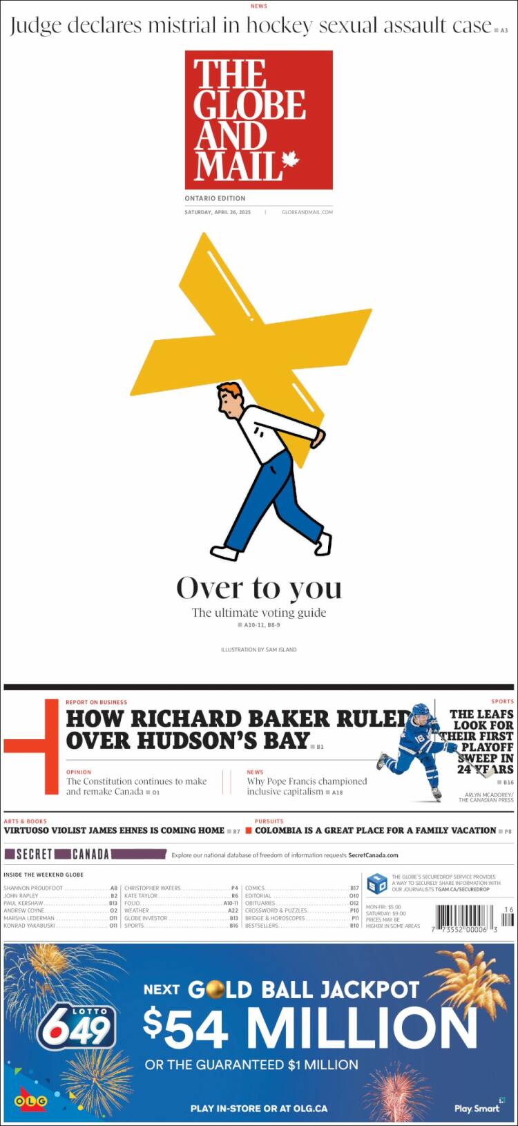 Portada de The Globe and Mail (Canadá)