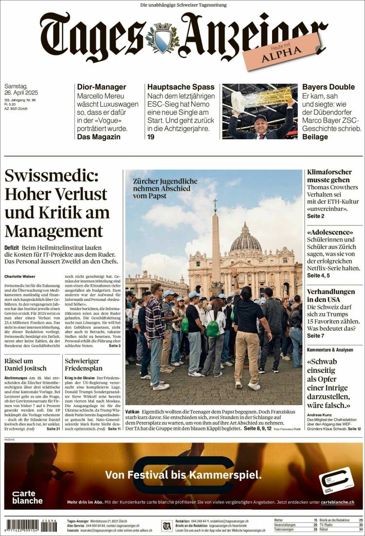Portada de Tages-Anzeiger (Suisse)