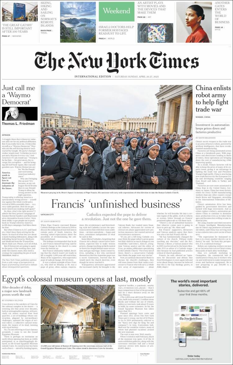 Portada de International New York Times (Europa)