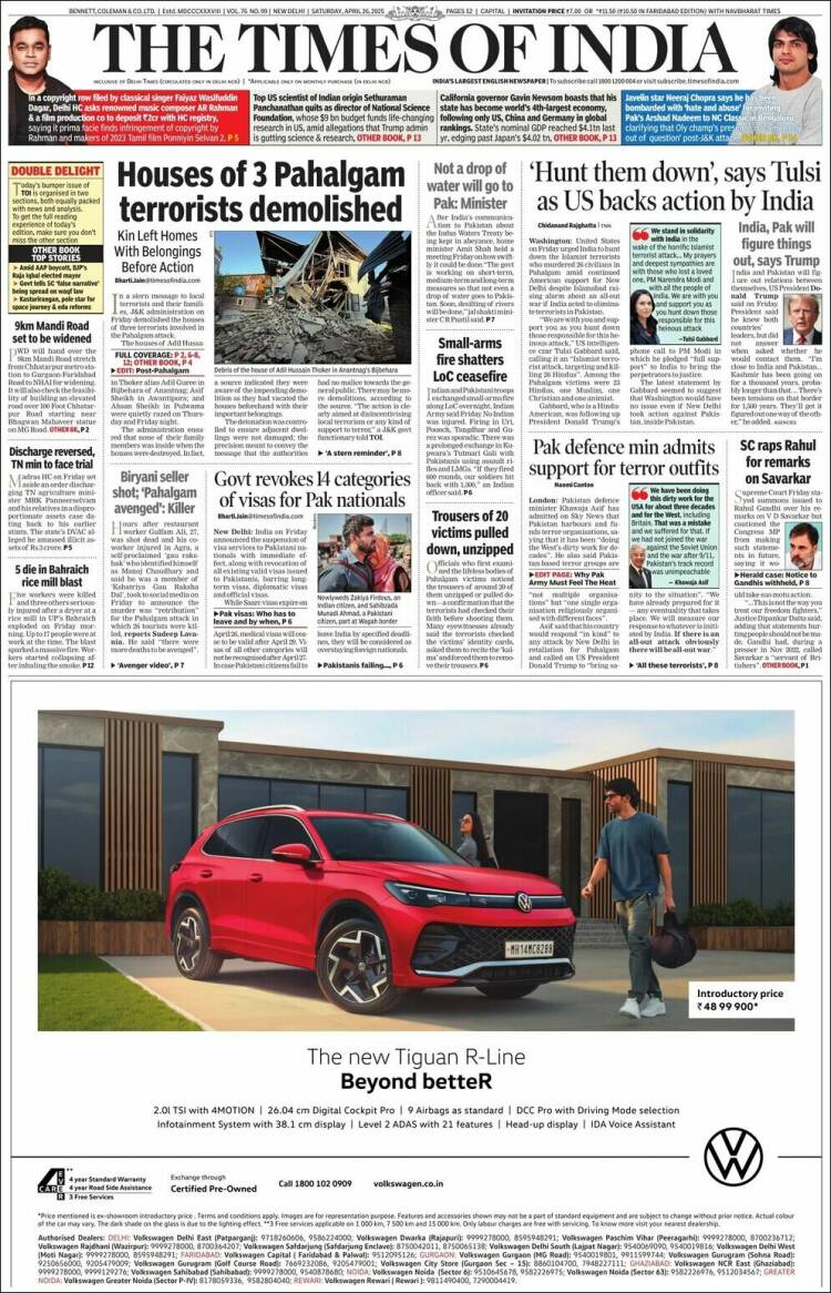 Portada de The Times of India (India)