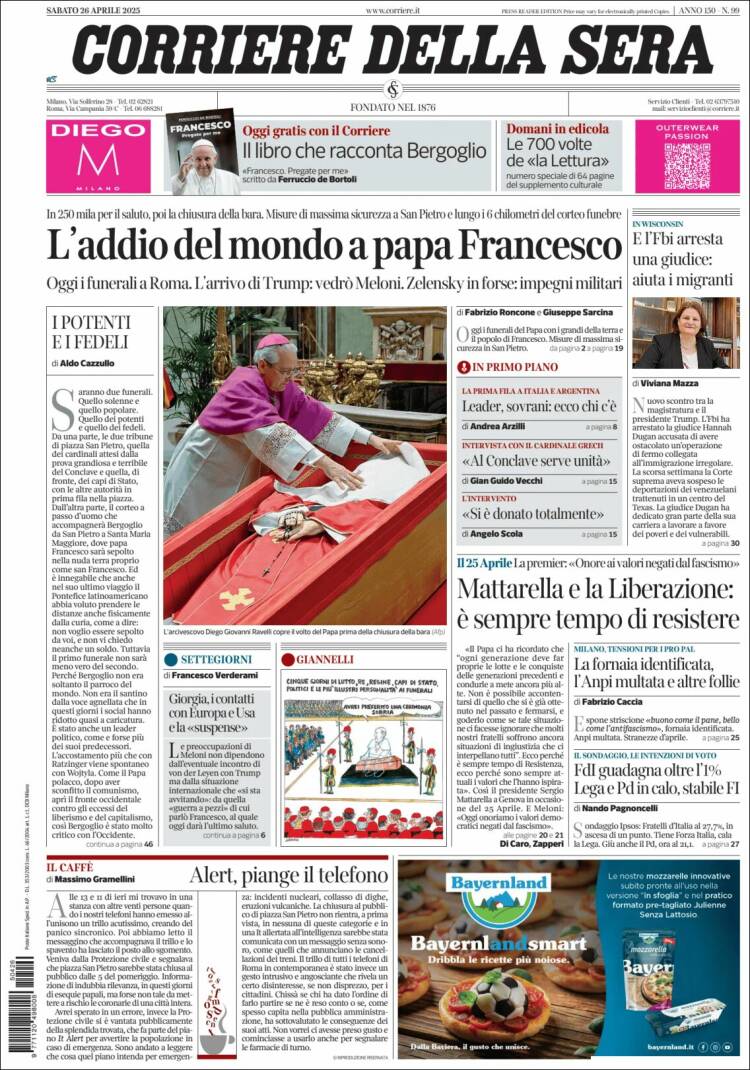 Portada de Corriere della Sera (Italia)
