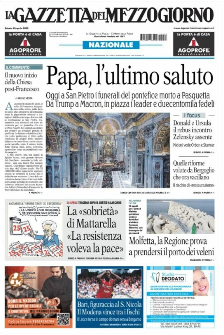 Portada de La Gazzetta del Mezzogiorno (Italia)