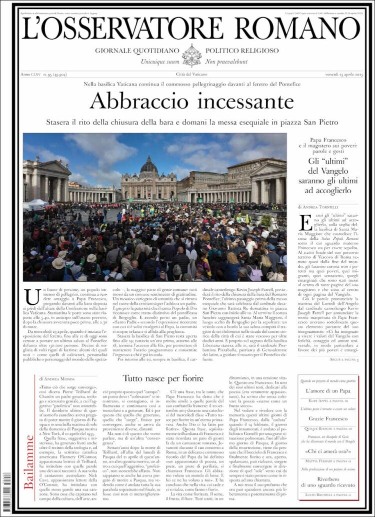 Portada de L'Osservatore Romano (Italia)