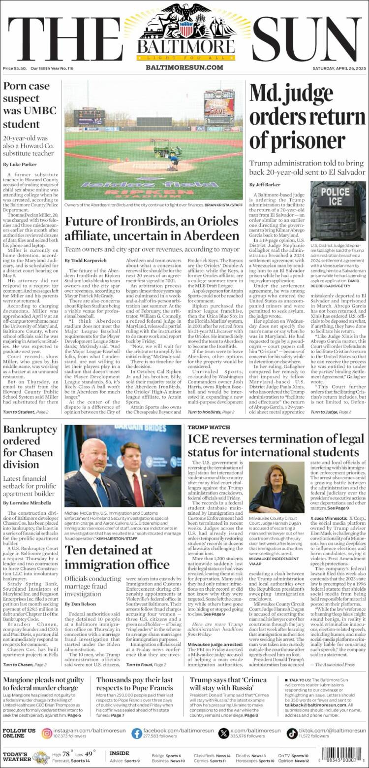 Portada de The Baltimore Sun (USA)