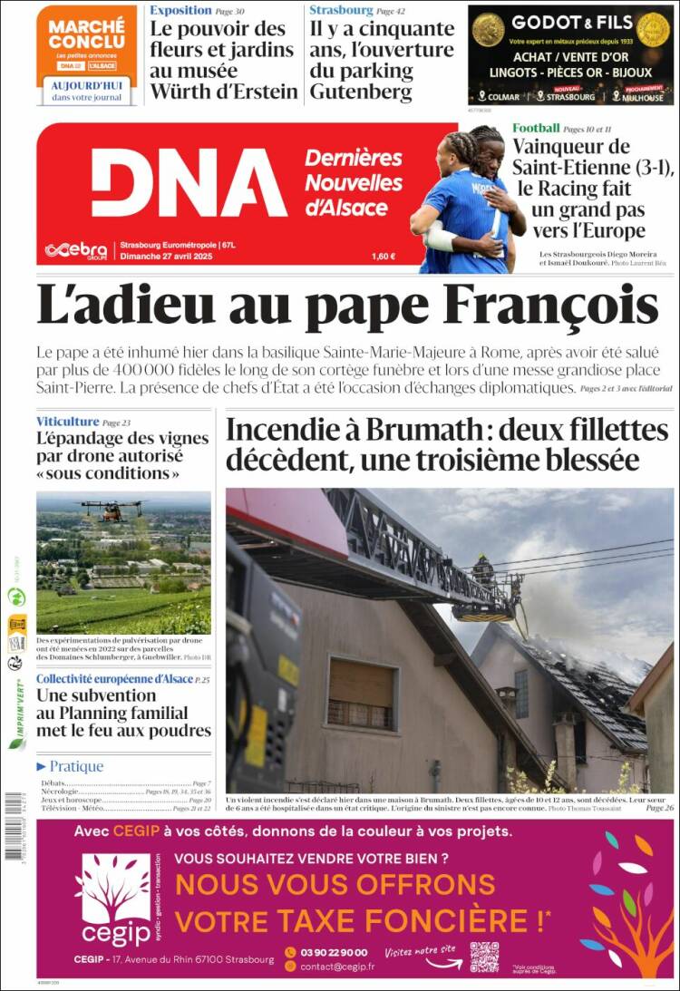 Portada de Les Dernières Nouvelles d'Alsace (Francia)