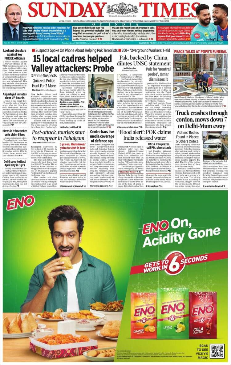 Portada de The Times of India (India)