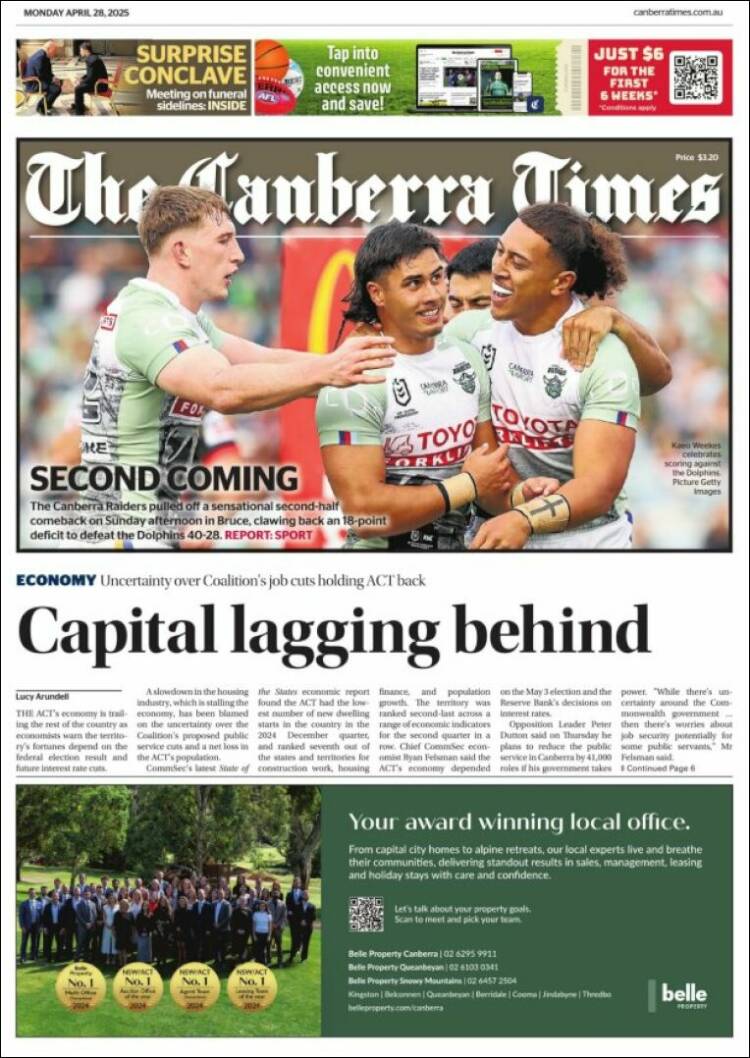 Portada de The Canberra Times (Australia)