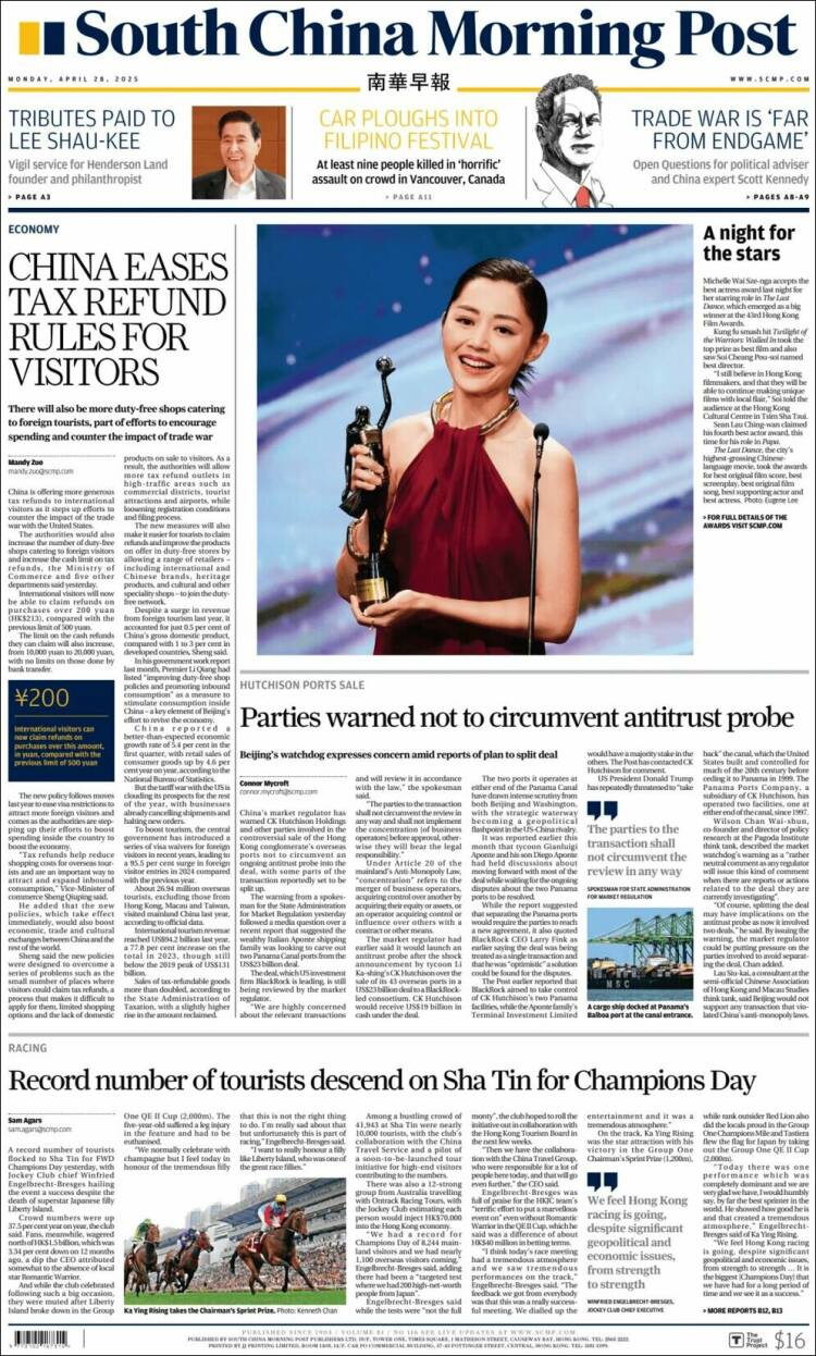 Portada de South China Morning Post (China)