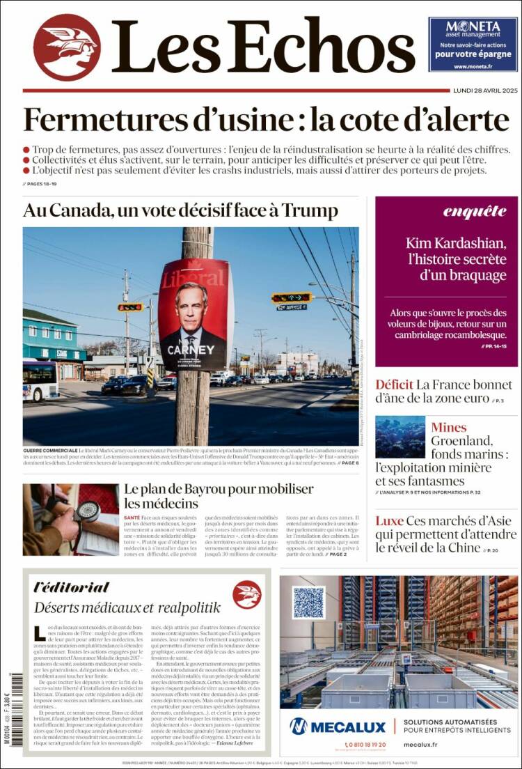 Portada de Les Echos (Francia)