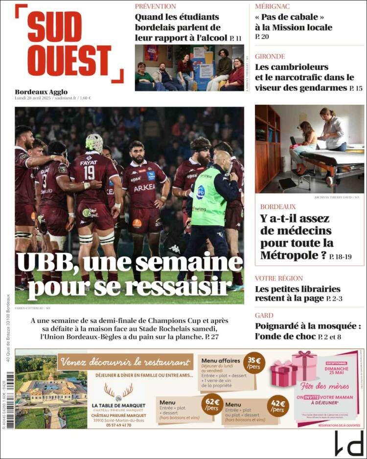 Portada de Sud Ouest (Francia)