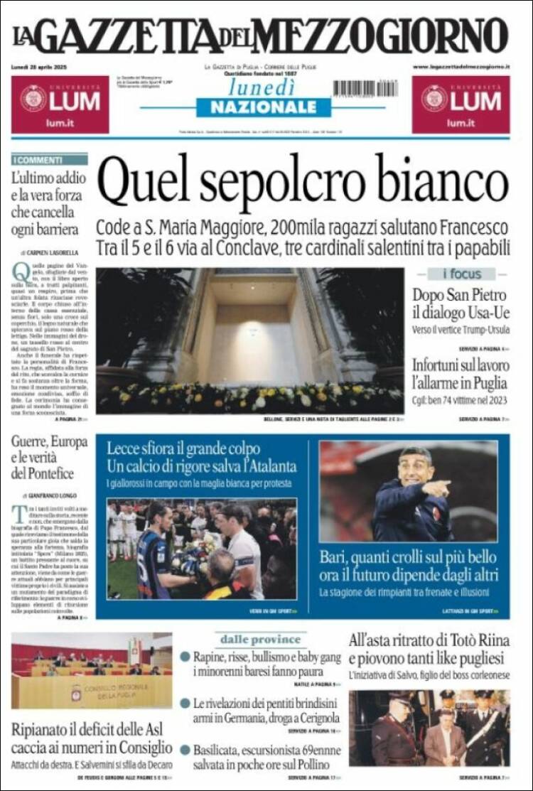 Portada de La Gazzetta del Mezzogiorno (Italia)