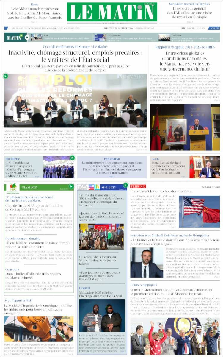 Portada de Le Matin (Maroc)