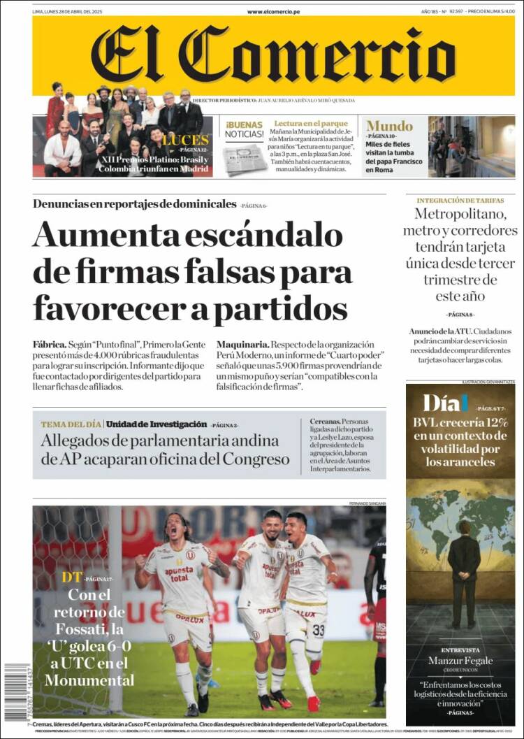 Portada de El Comercio (Per&uacute;)