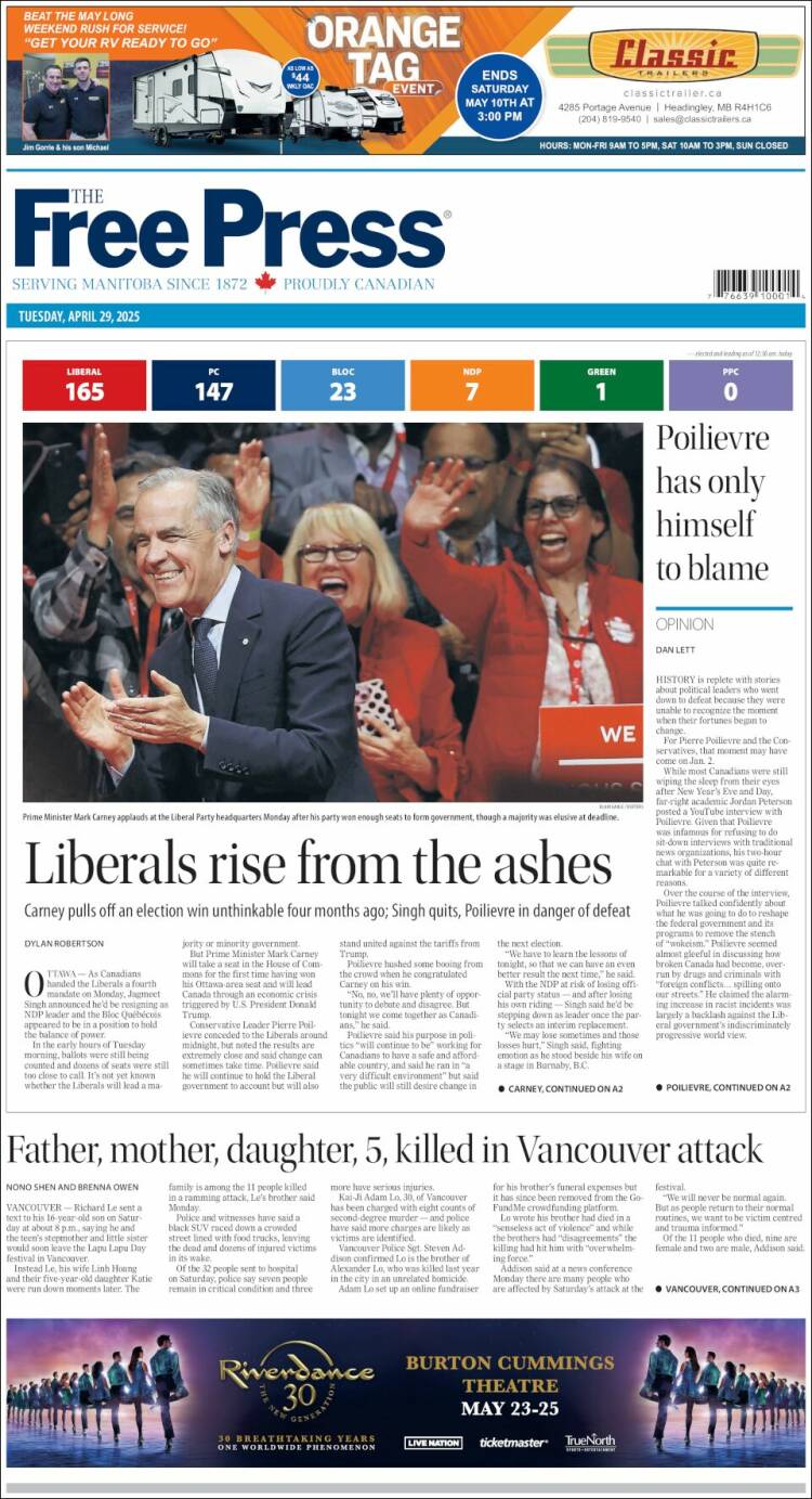 Portada de Winnipeg Free Press (Canada)