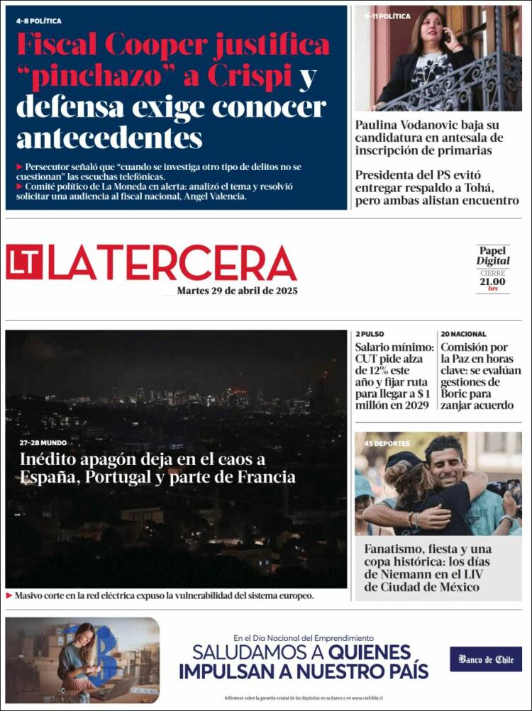 Portada de La Tercera (Chile)