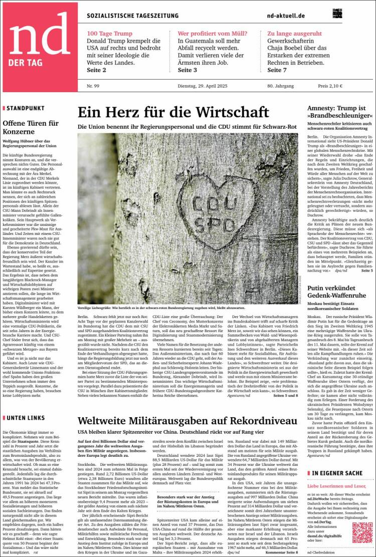 Portada de Neues Deutschland (Alemania)