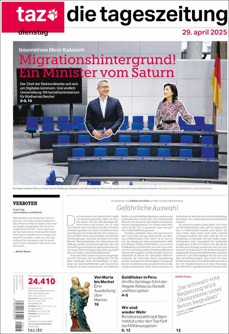 Portada de Die Tageszeitung (Alemania)