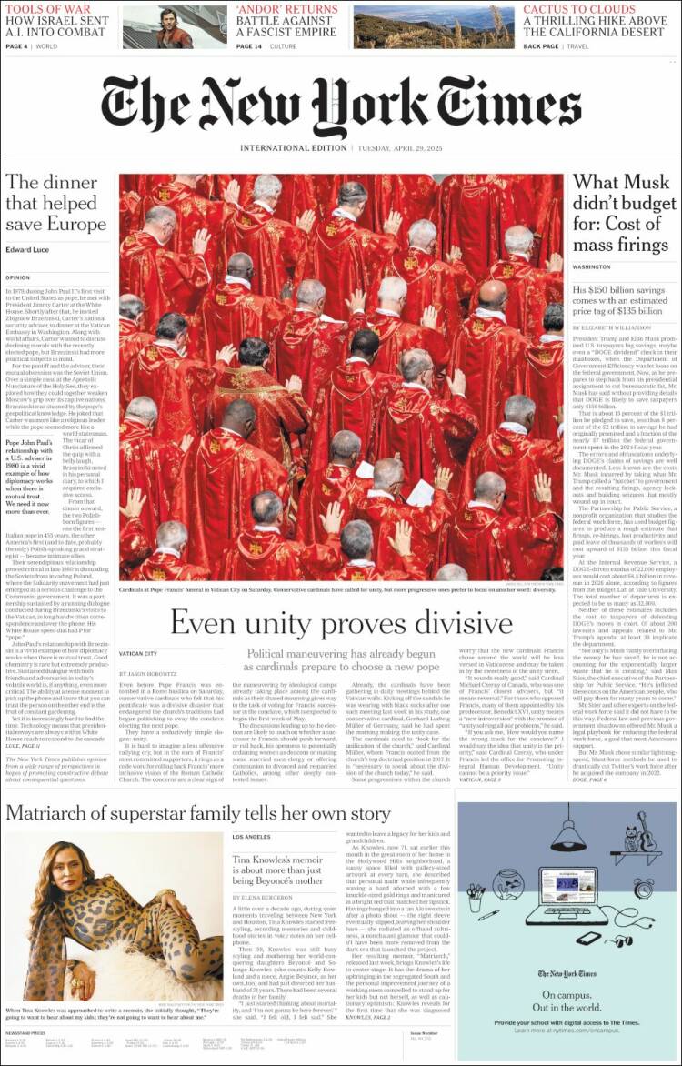 Portada de International New York Times (Europa)