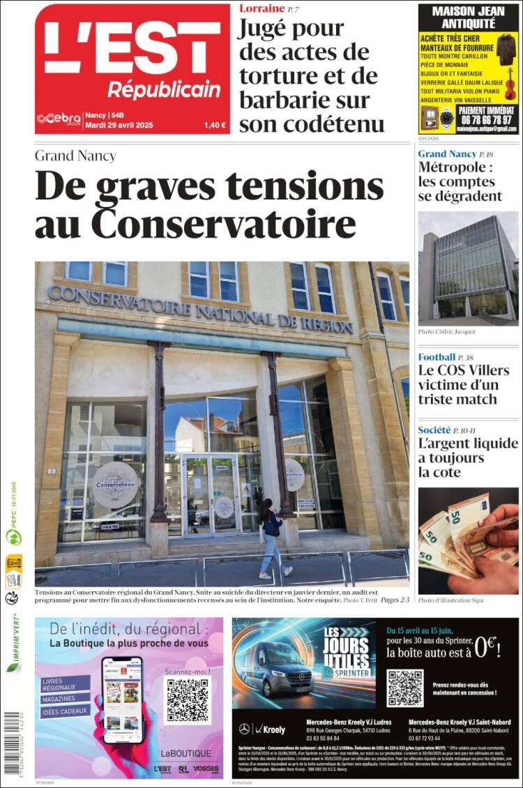 Portada de L'Est Republicain (Francia)