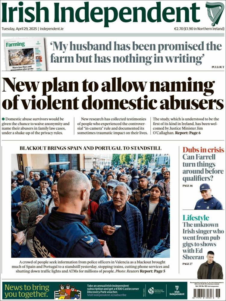 Portada de Irish Independent (Irlanda)