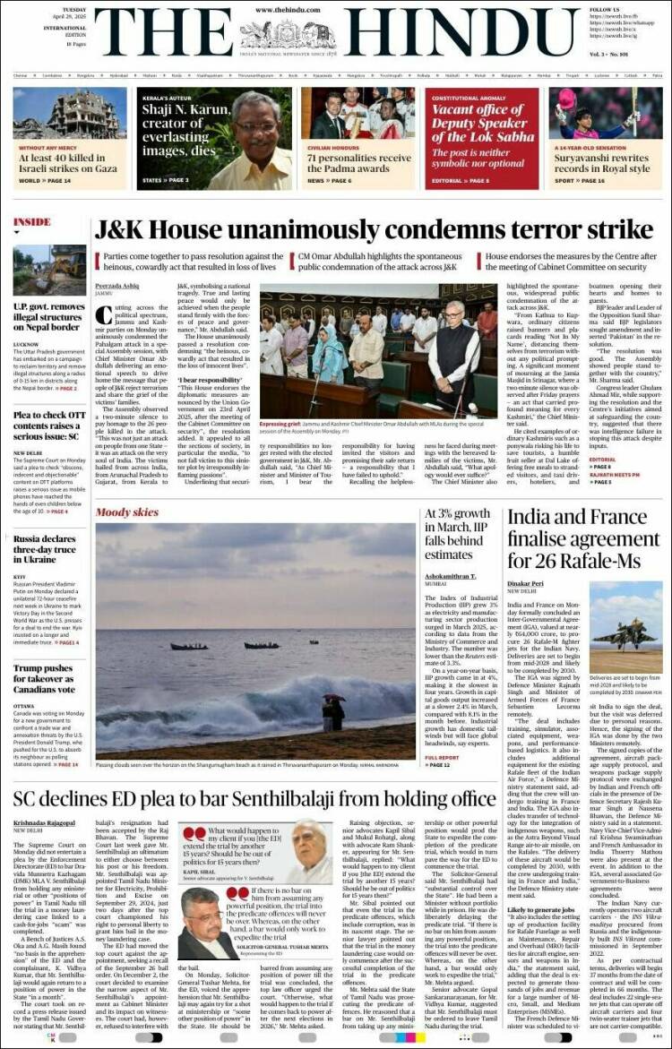 Portada de The Hindu (India)