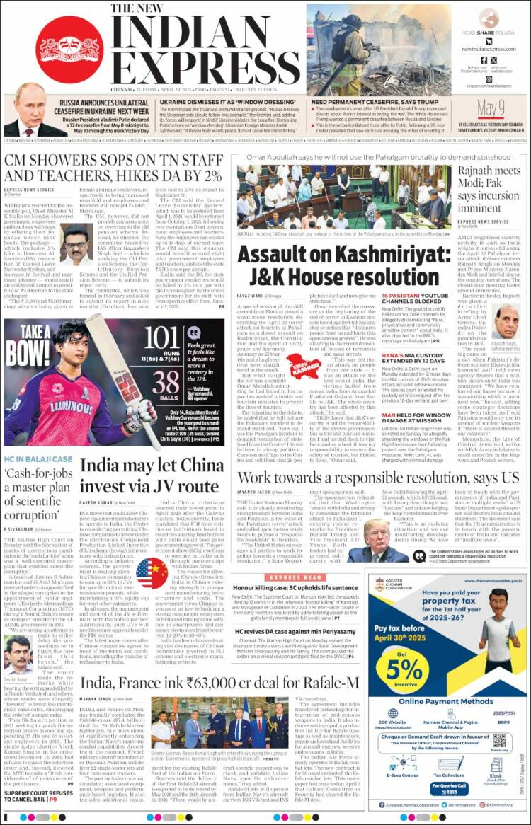Portada de New Indian Express (India)