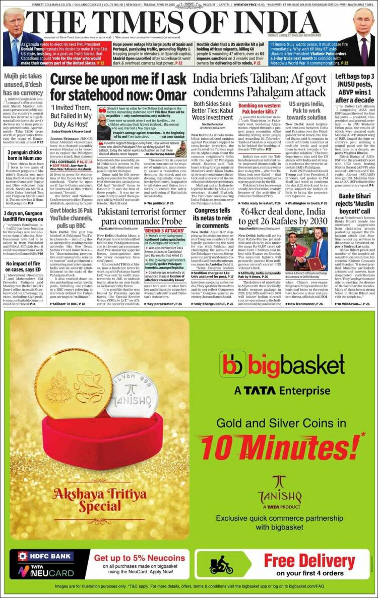 Portada de The Times of India (India)