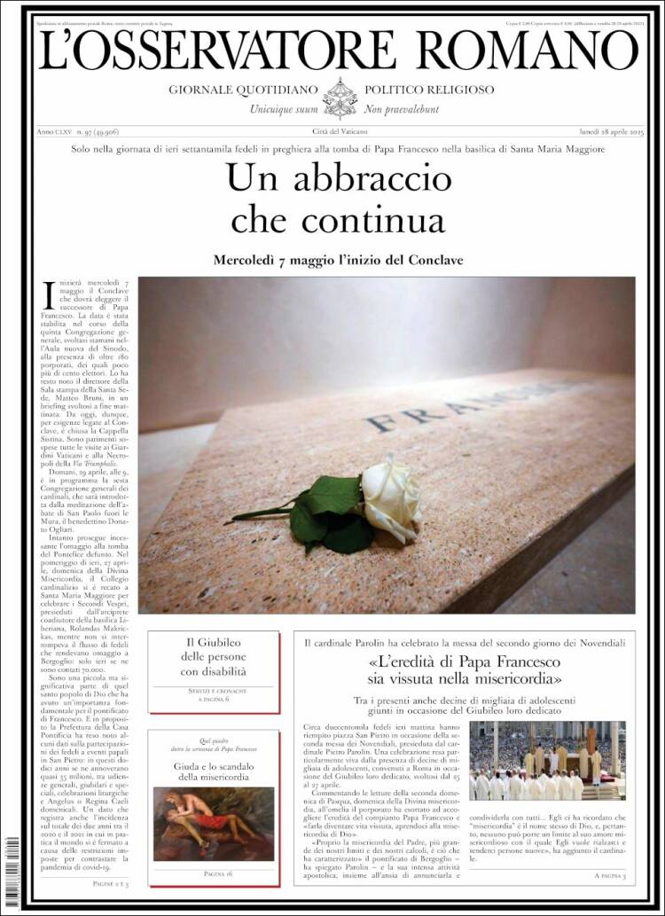 Portada de L'Osservatore Romano (Italia)
