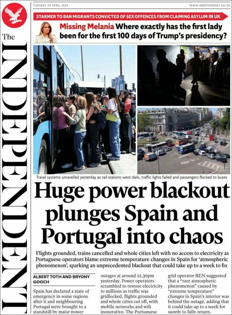 Portada de The Independent (Reino Unido)