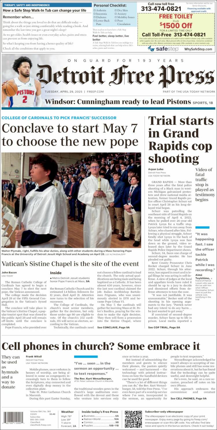 Portada de Detroit Free Press (USA)