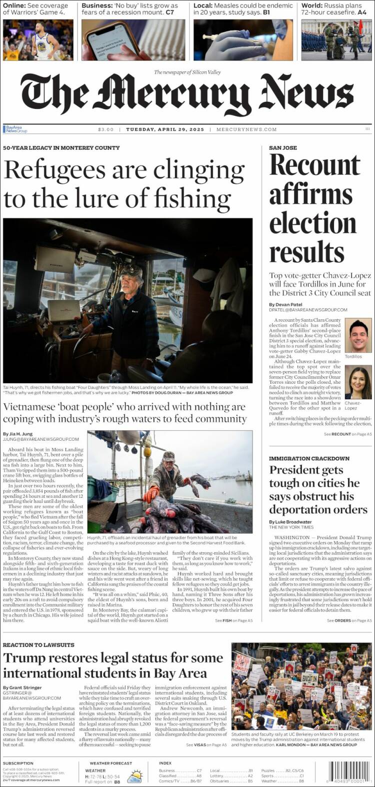Portada de San Jose Mercury News (USA)
