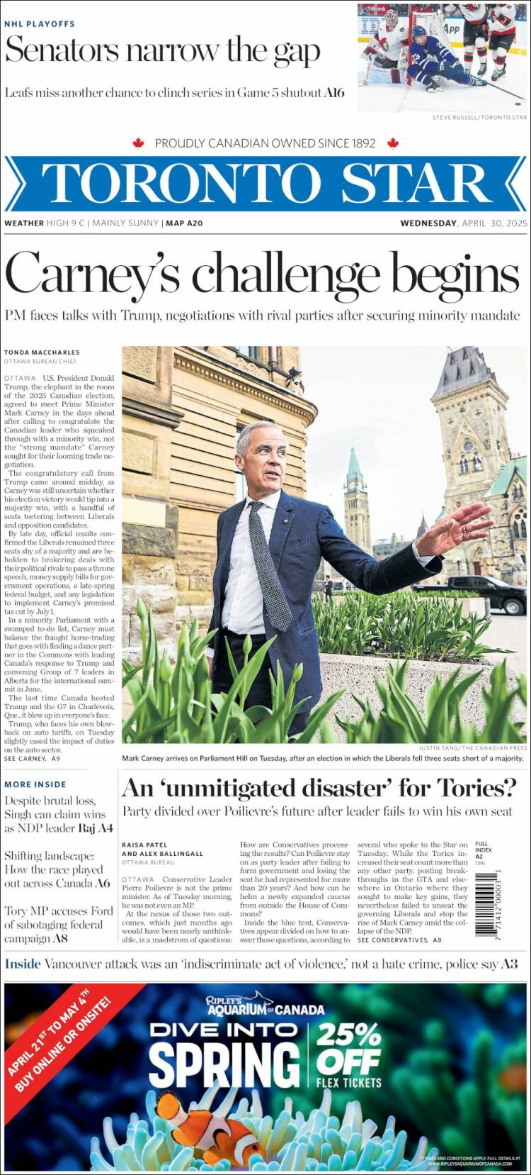 Portada de The Toronto Star (Canadá)