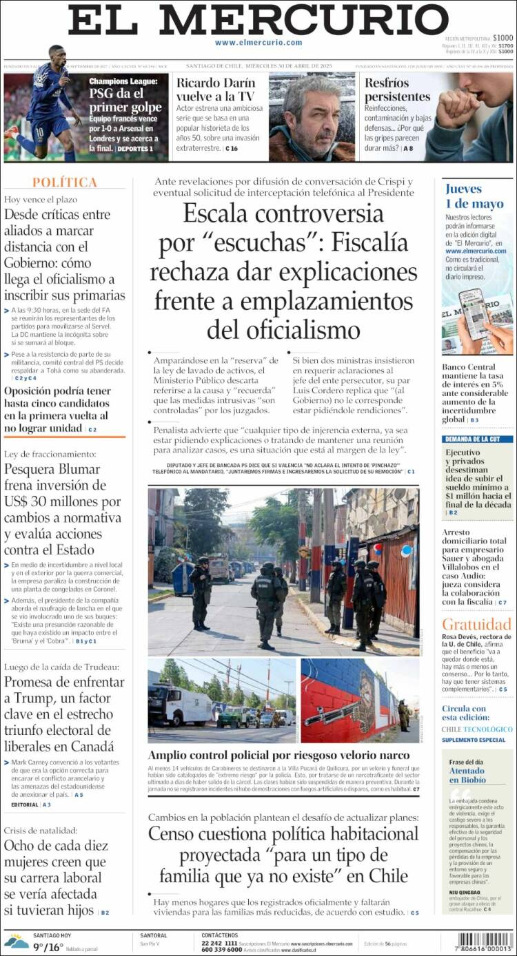 Portada de El Mercurio (Chile)