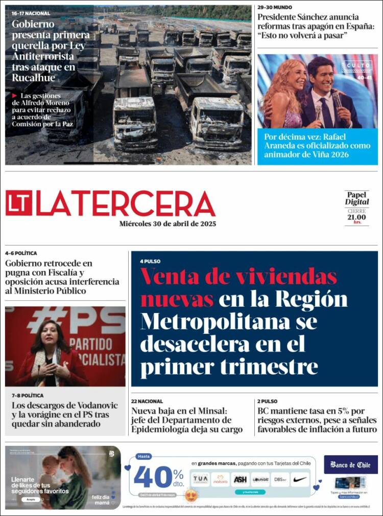 Portada de La Tercera (Chile)