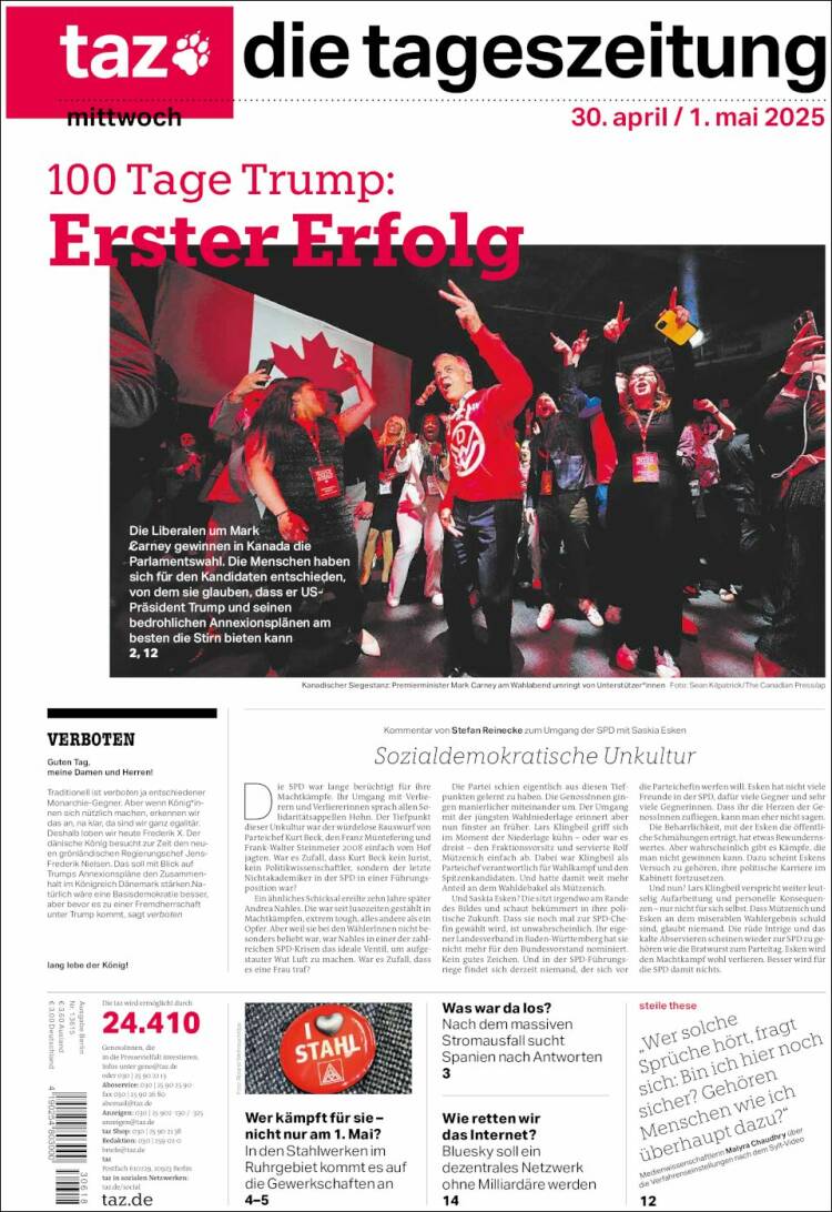 Portada de Die Tageszeitung (Alemania)