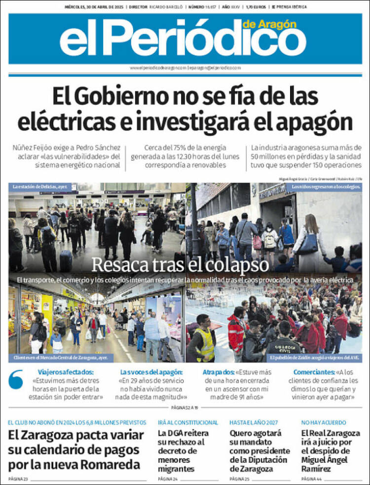 Portada de El Periódico de Aragón (España)