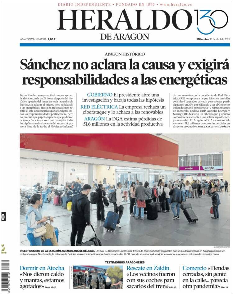 Portada de Heraldo de Aragón (España)