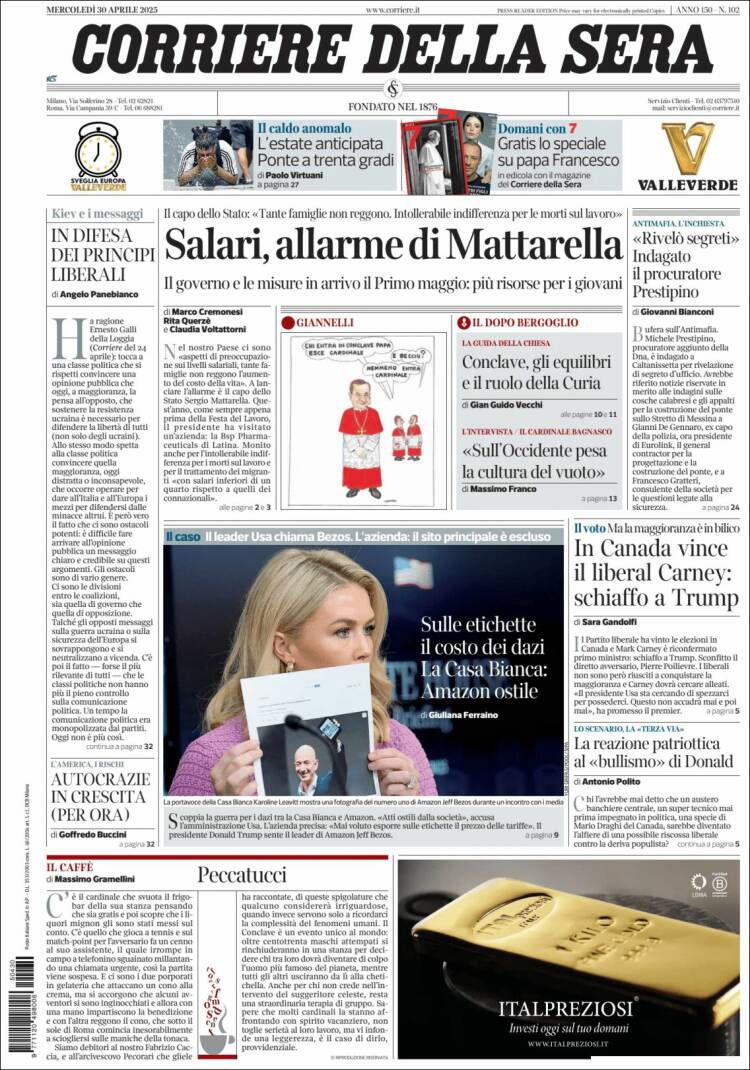 Portada de Corriere della Sera (Italia)