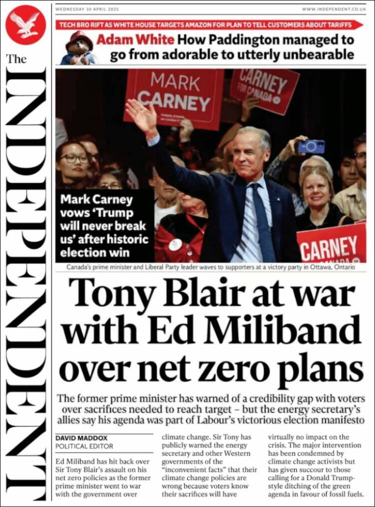 Portada de The Independent (Reino Unido)